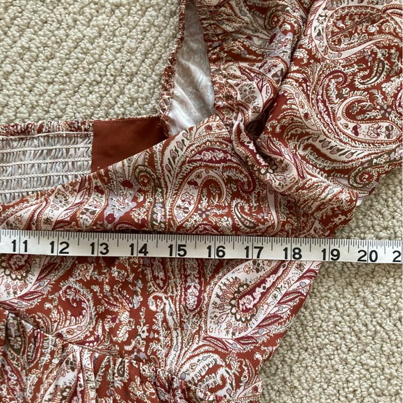 Gianni Bini Smocked Puff Sleeve Dress Square Neck Paisley Brown Size Large VEUC - Picture 6 of 12